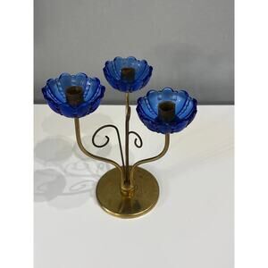 Gunnar Ander Ystad-Metall Sweden Brass W/Blue Flowers Candlestick Mid Century